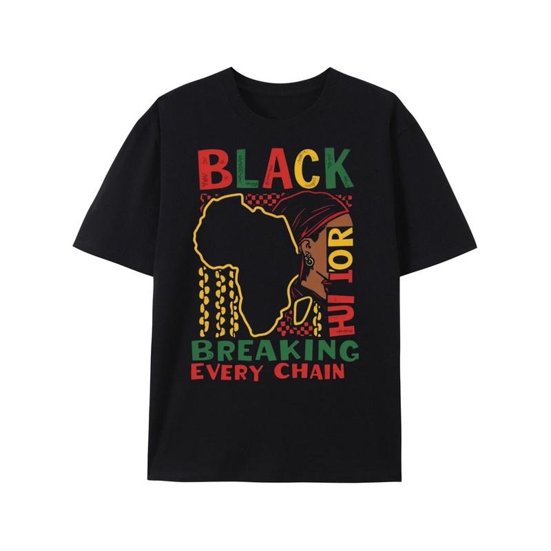 Black History: Breaking Every Chain Pride T-Shirt - Retro Crewneck Graphic Tee with Vibrant Africa Map & Cultural Symbols, All-Season Comfort for Outdoor & Casual Wear, Machine Washable, Allseason Apparel, Cultural Graphic Shirt, Short Sleeve Shirt