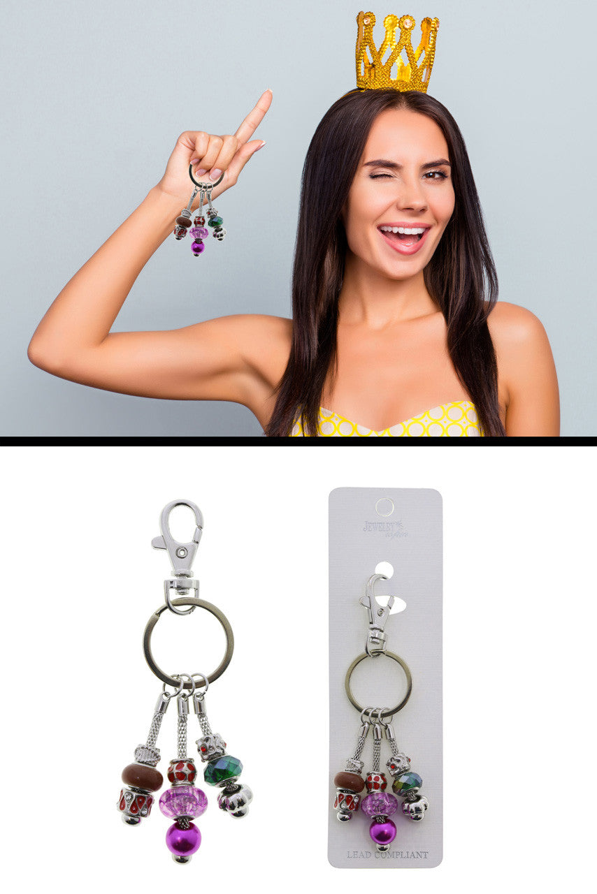 Chain Dangle Split-Ring Keychain Silver-Tone With Assorted Color Beads - KEKC10003R