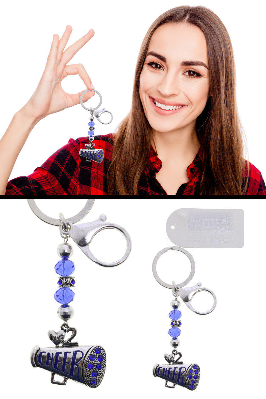 Cheer Themed Split-Ring Keychain Silver-Tone With Blue Color Crystal Accents - KEKC10003