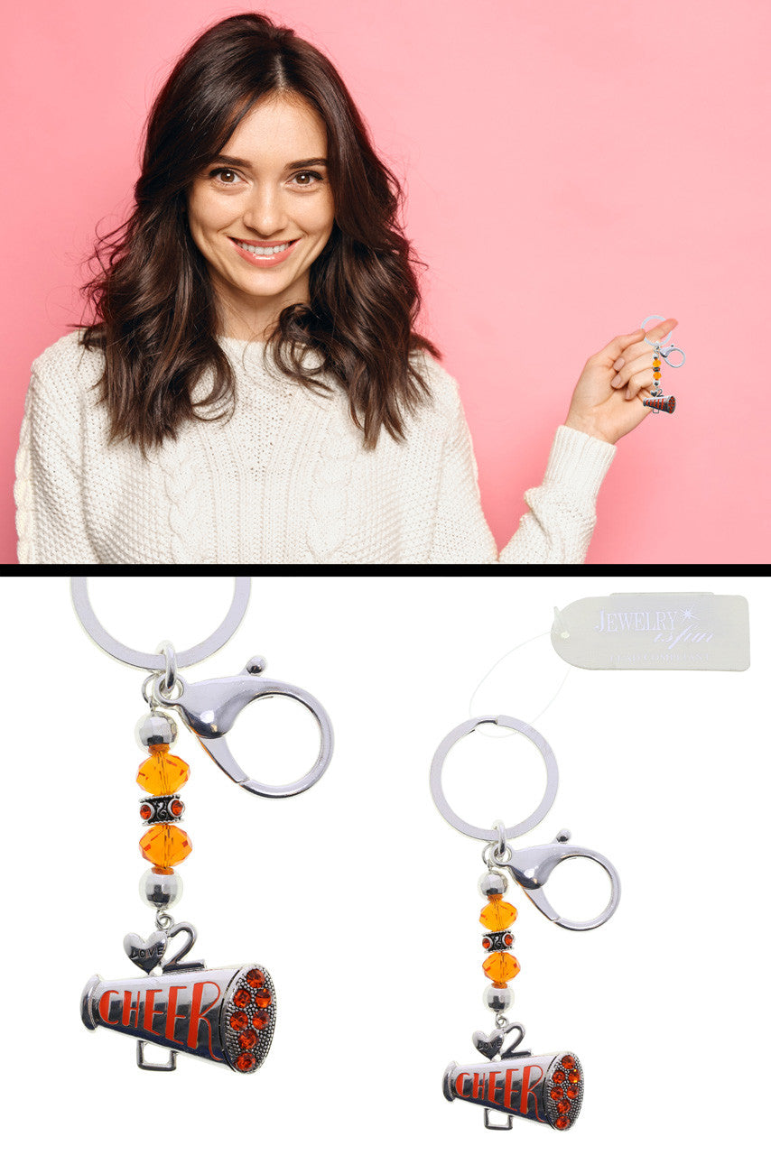 Cheer Themed Split-Ring Keychain Silver-Tone With Orange Color Crystal Accents - KEKC10006OR