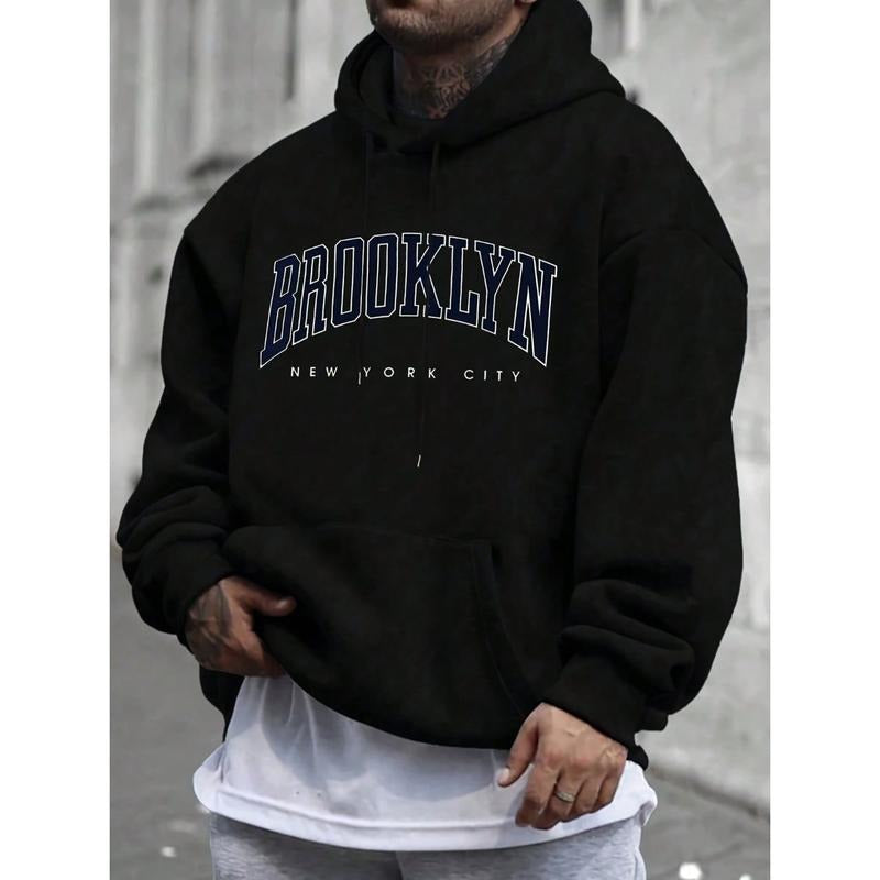 Men's Brooklyn New York City Varsity Letter Print Graphic Hoodie - Cotton Blend Black Long Sleeve Pullover Regular Fit | Soft & Breathable Fabric, Durable Print, Everyday Comfort, Machine Washable, streetwear urban outdoor