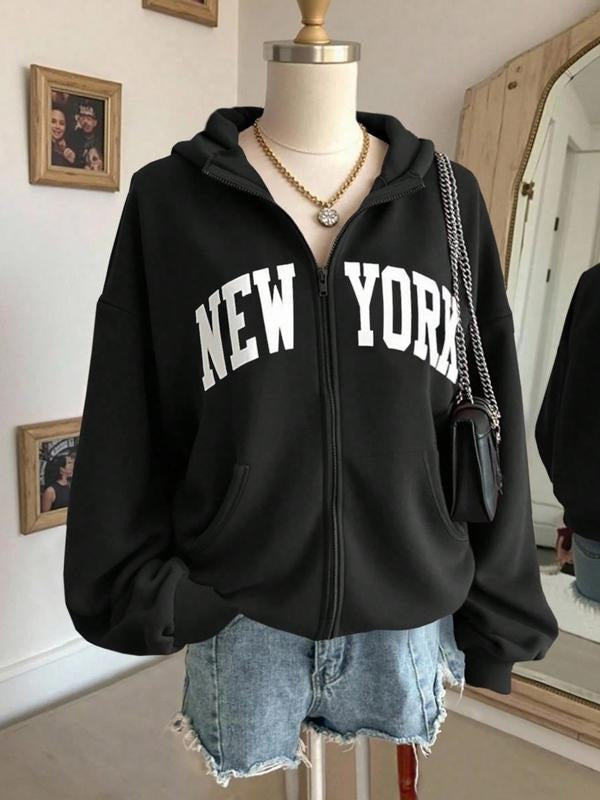 Women's Black NEW YORK Zip-Up Hoodie with Front Bold Lettering, Soft Pullover Top for Casual Streetwear and Urban Fashion Outfits