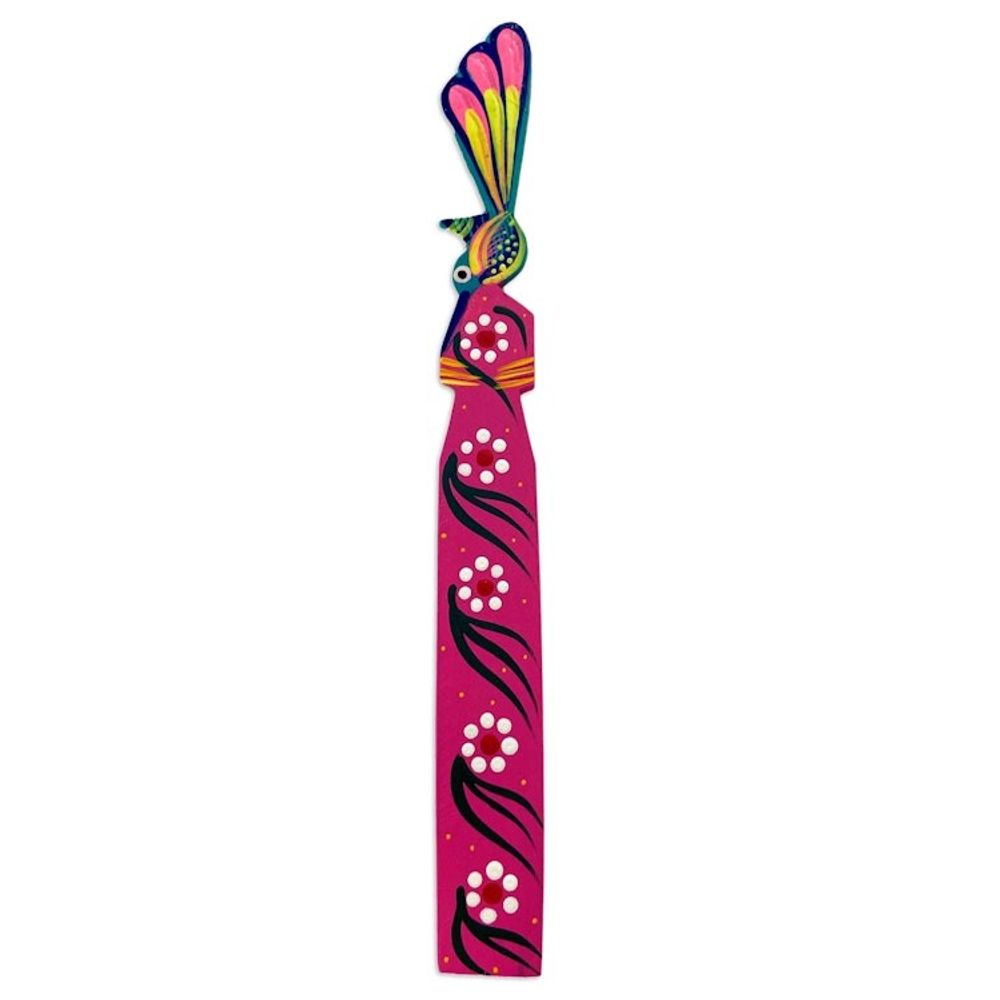 Handmade Floral Bird-Themed Copal Wood Bookmark from Mexico 'Reading Hummingbird'
