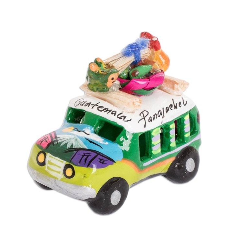 Min Ceramic Bus Figurine in Greens from Guatemala 'Two Tone Green Old Time Bus'