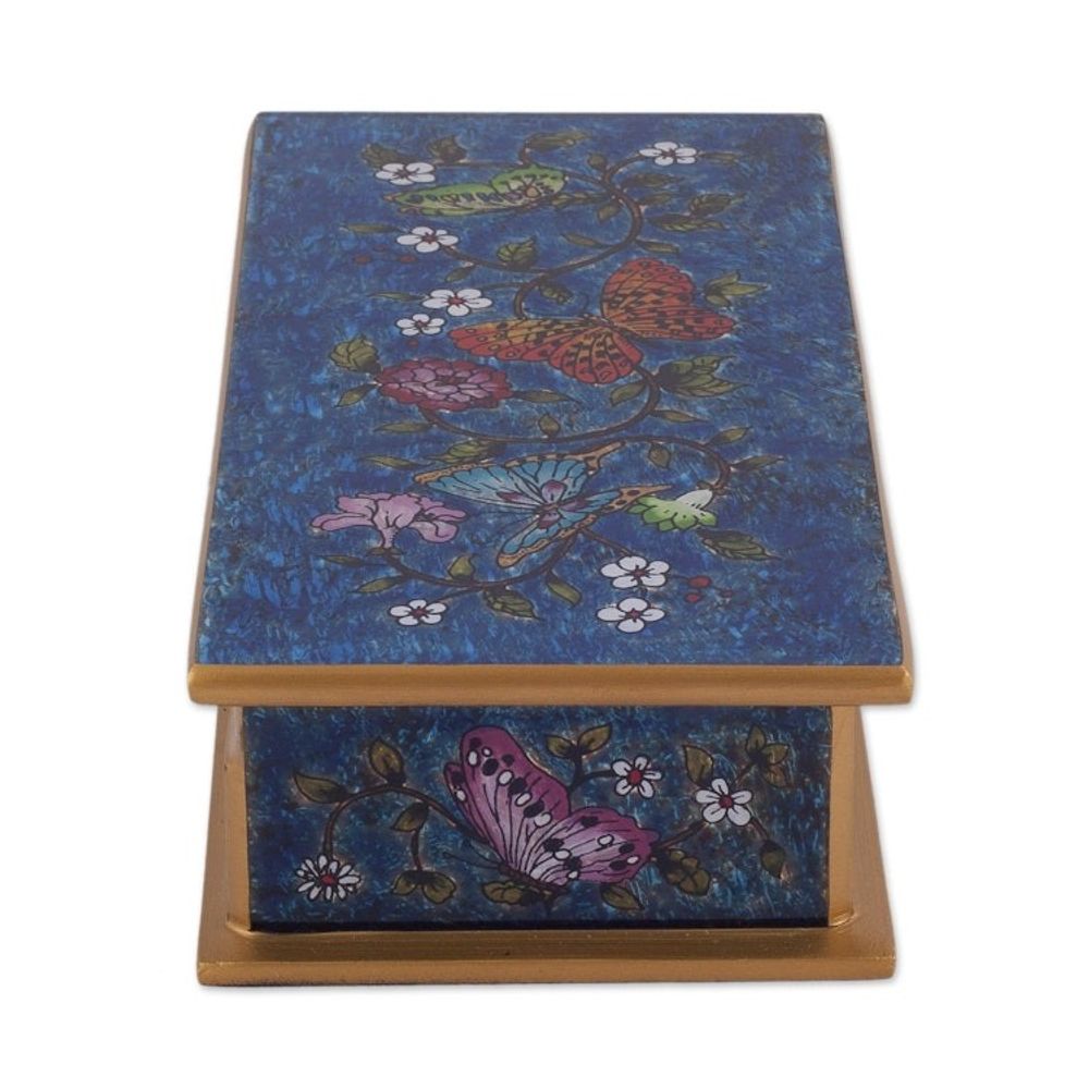Reverse Painted Glass Butterfly Decorative Box in Cyan 'Butterfly Jubilee in Cyan'