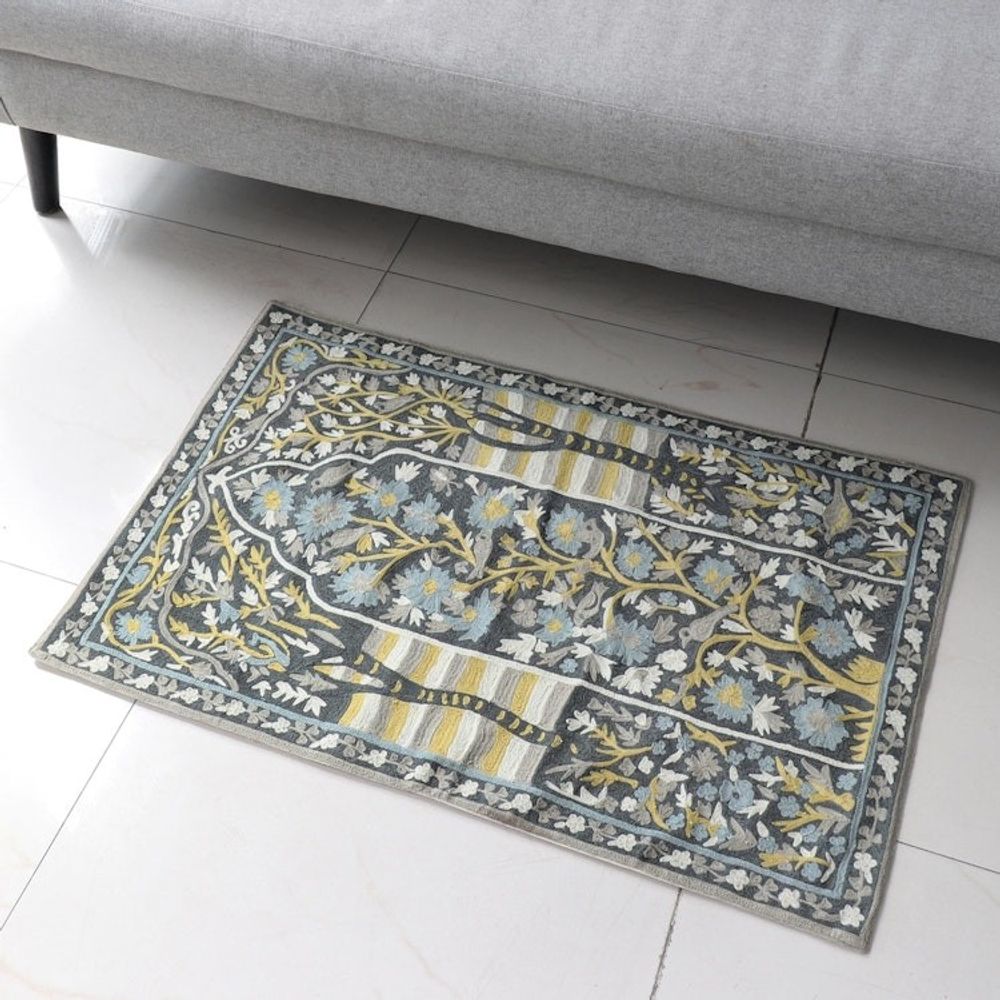 Chain-Stitched Wool and Cotton Tree Motif Rug 'Winged Paradise'