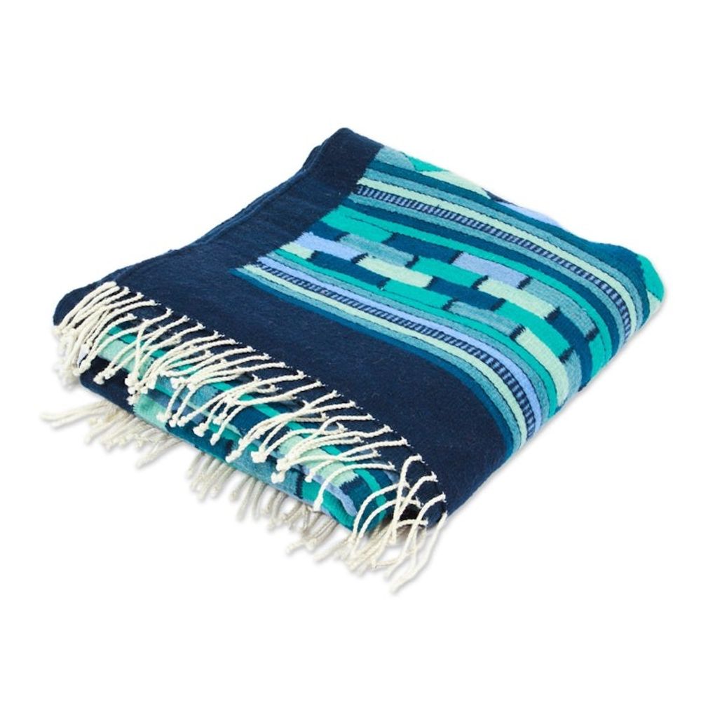 Handwoven Wool Runner Rug in Blue Turquoise and Green 3x10 'Blue Geometry'