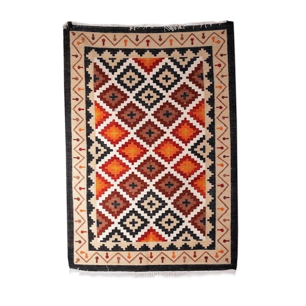 Handloomed Diamond-Patterned Alabaster and Black Wool Rug 'Paradise Enchantment'