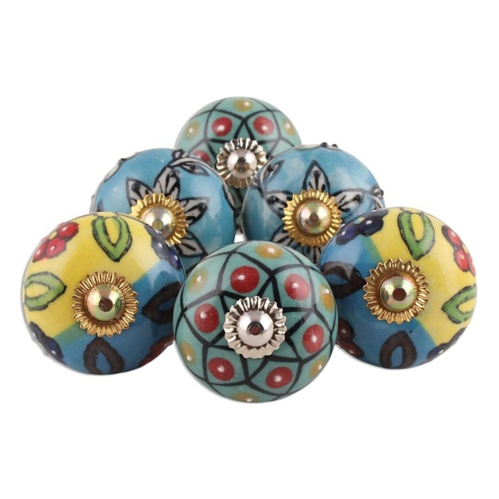 Vibrant Floral Ceramic Knobs from India Set of 6 'Charming Globes'