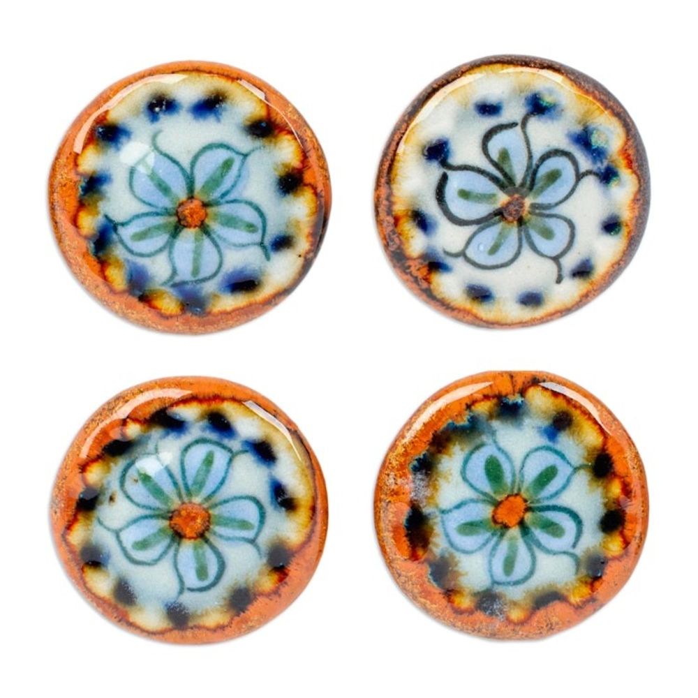Set of 4 Handcrafted Ceramic Flower Knobs from Mexico 'Handy Garden'