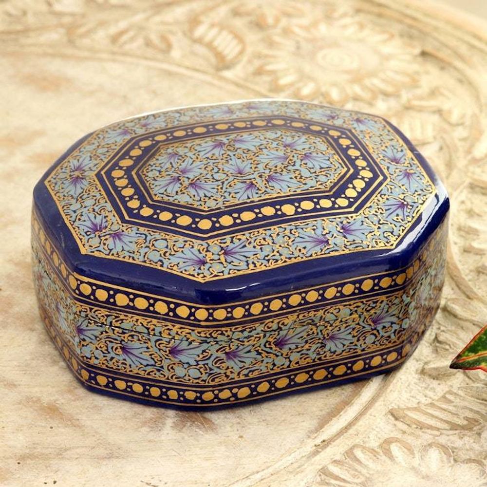 Elegant Hand Painted Blue and Gold Papier Mache Box 'Kashmir Royal'