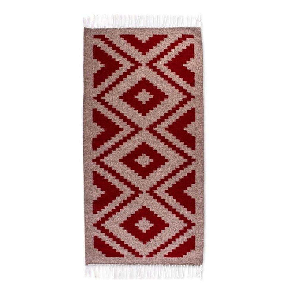 Diamond Pattern Hand Woven Zapotec Rug 2.5x5 from Mexico 'Valley Fire'
