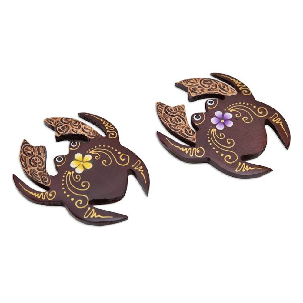 Set of 2 Hand-Painted Floral Crab-Shaped Wood Magnets 'Paradisial Crab'