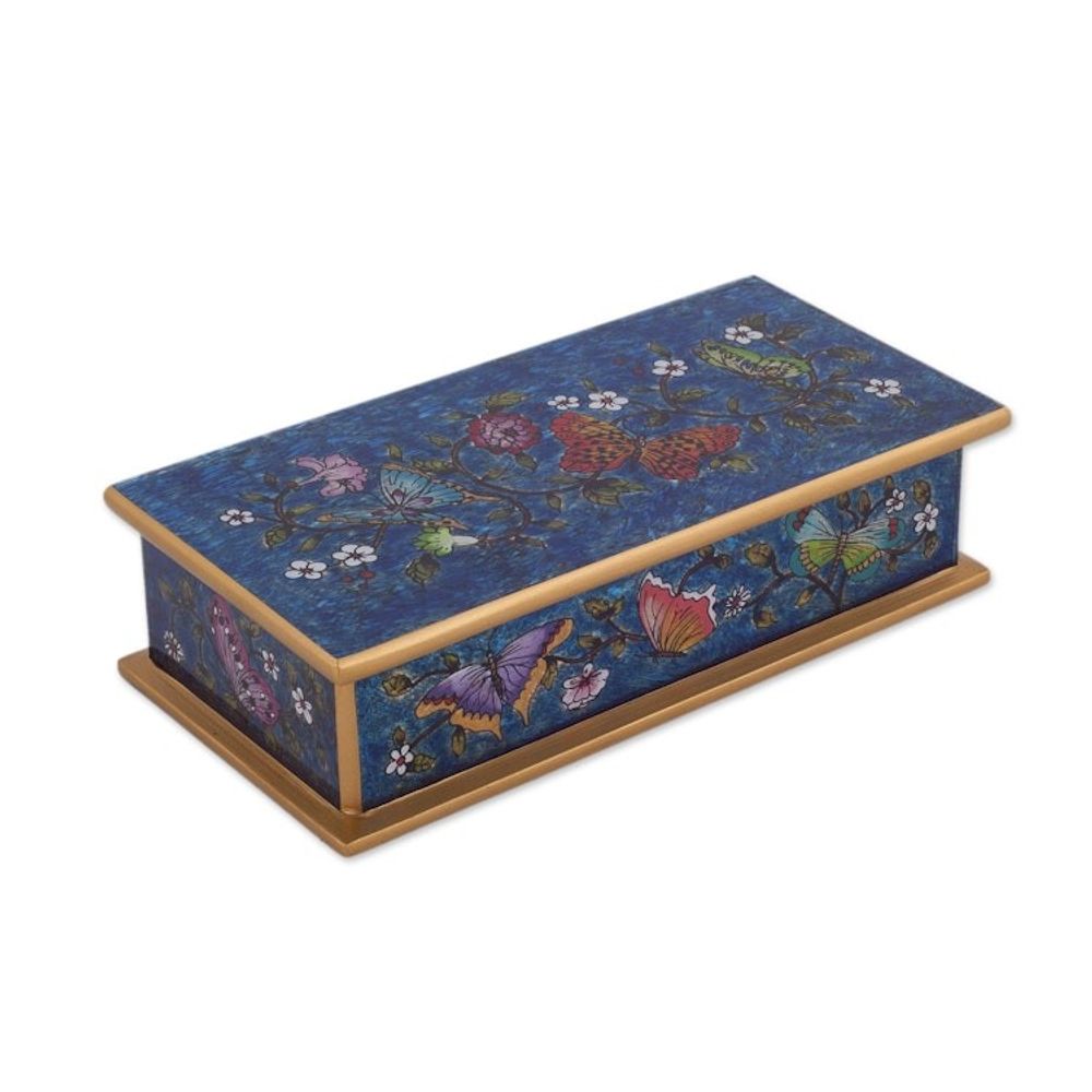 Reverse Painted Glass Butterfly Decorative Box in Cyan 'Butterfly Jubilee in Cyan'