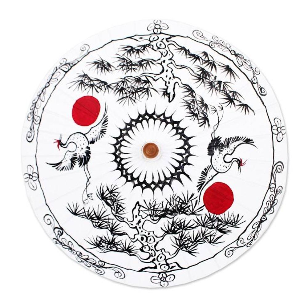 Traditional Crane-Themed Cotton and Bamboo Parasol in White 'Immortal Cranes'