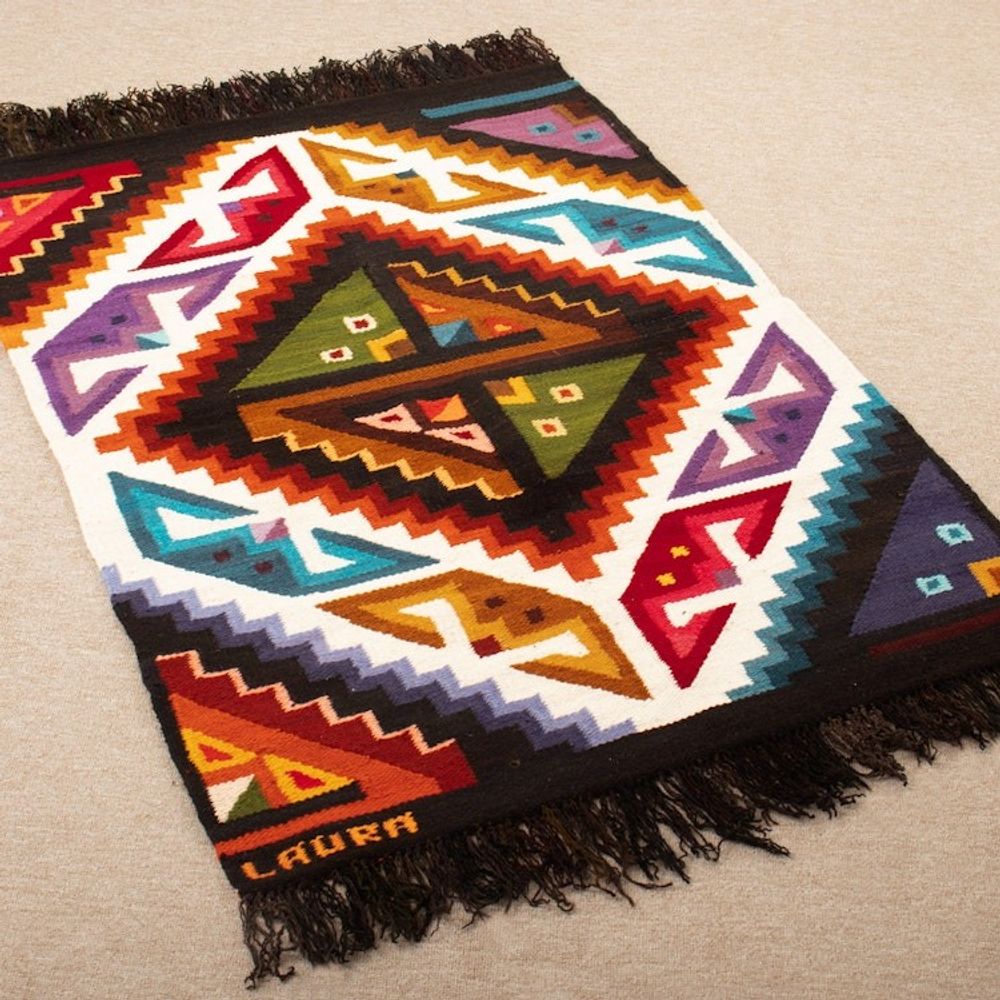 Wool and Cotton Blend Area Rug Hand-Woven in Peru 3x4 'Crab and Fish'