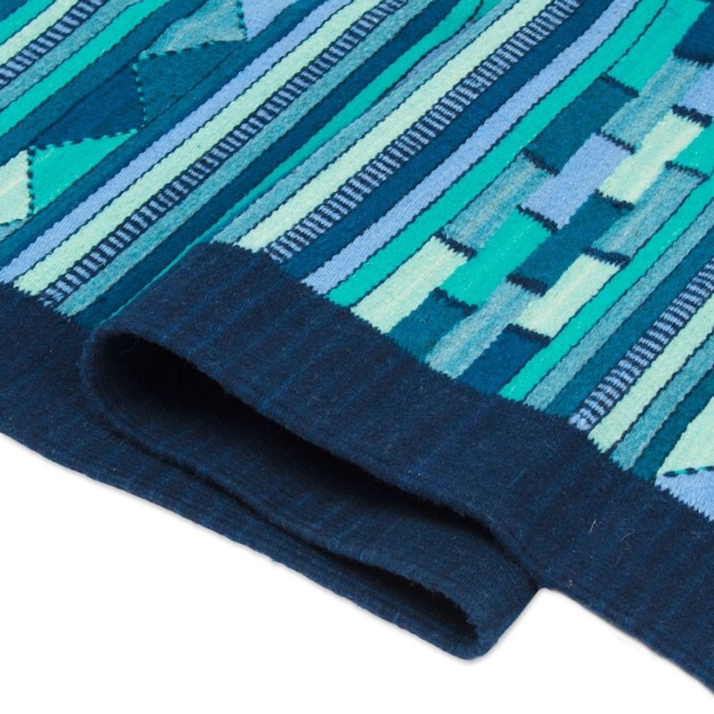 Handwoven Wool Runner Rug in Blue Turquoise and Green 3x10 'Blue Geometry'