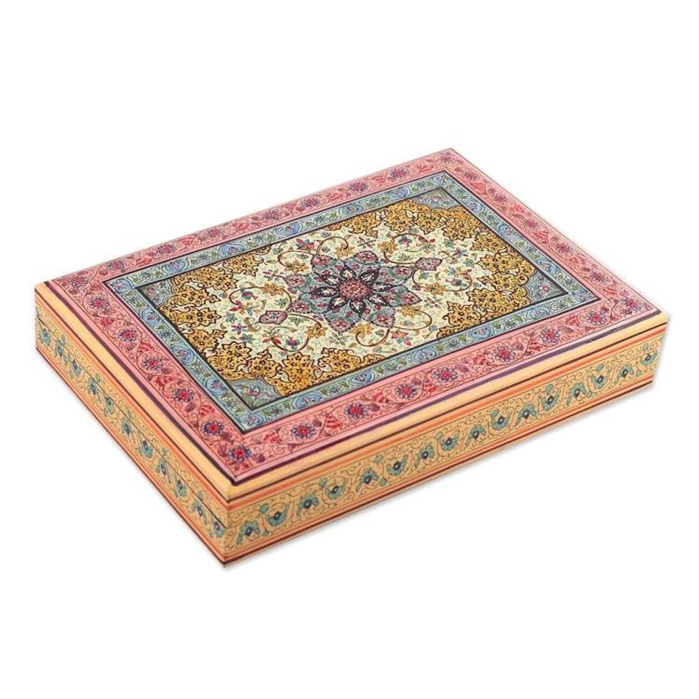 Spring-Themed Polished Hand-Painted Wood Decorative Box 'Arcadian Garden'