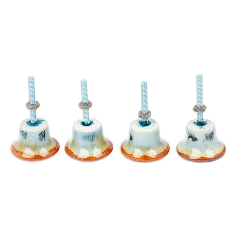 Set of 4 Handcrafted Ceramic Flower Knobs from Mexico 'Handy Garden'