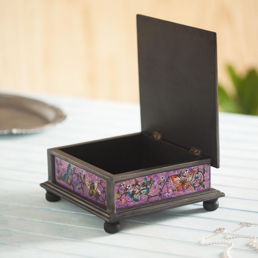 Reverse Painted Glass Decorative Box with Butterflies 'Purple Winter Butterflies'