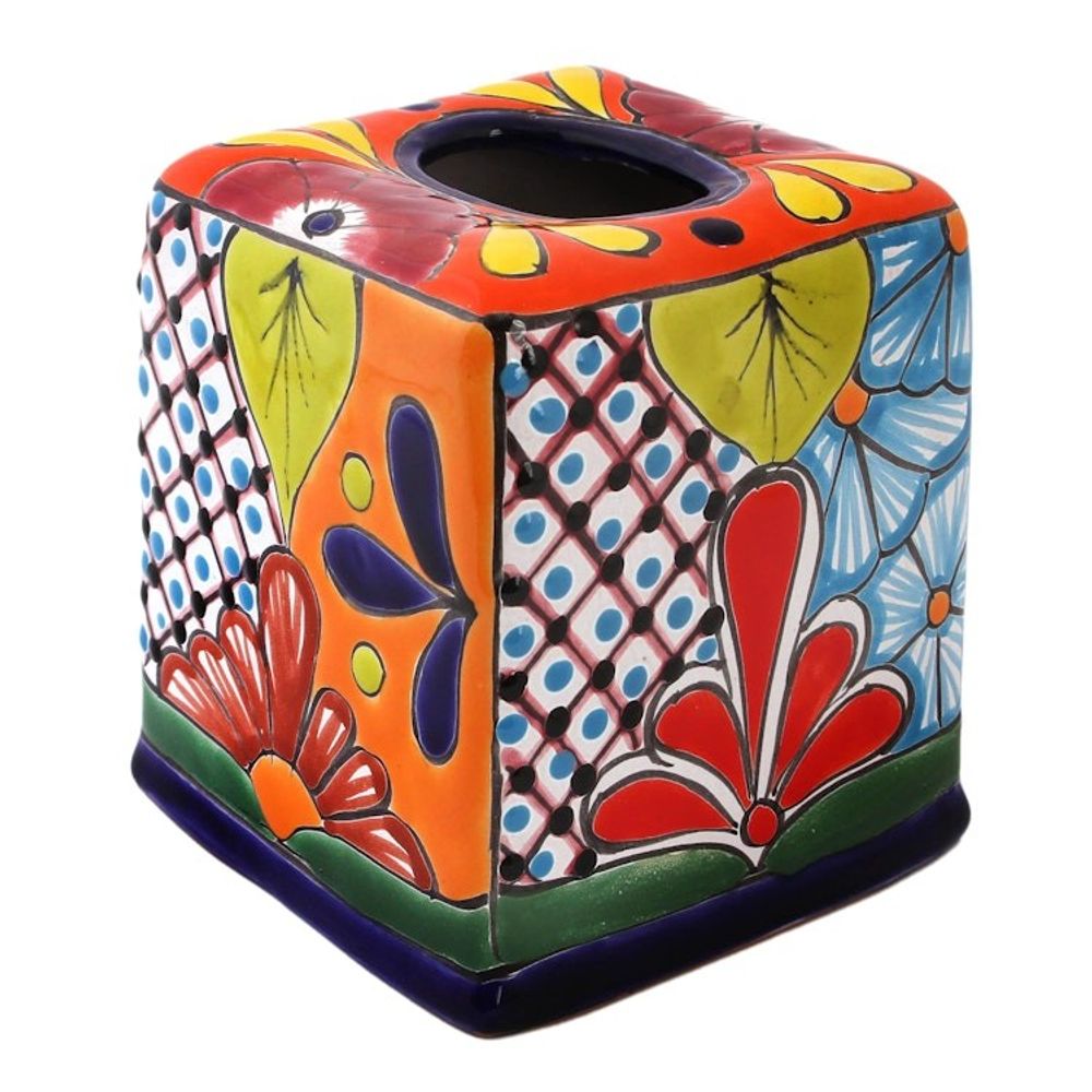Hand-Painted Talavera Ceramic Tissue Box Cover from Mexico 'Folk Art Convenience'