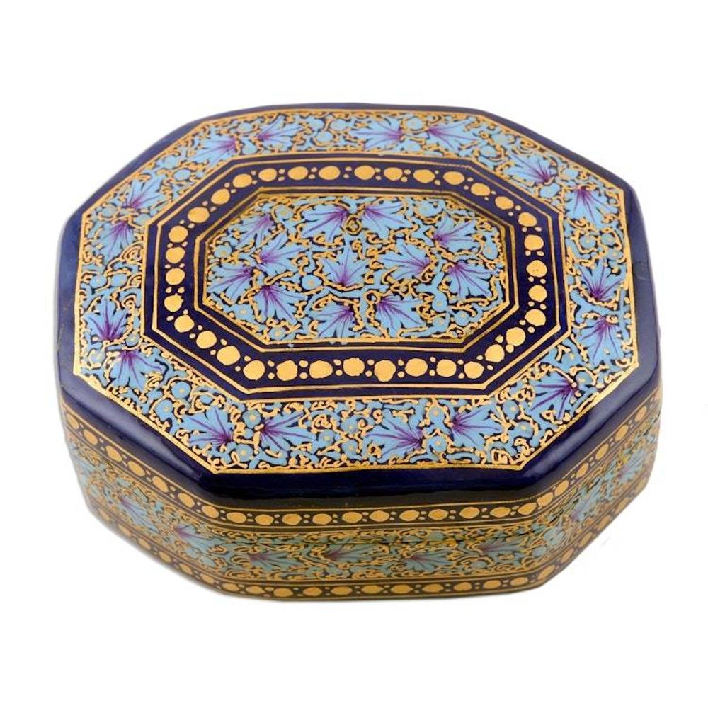 Elegant Hand Painted Blue and Gold Papier Mache Box 'Kashmir Royal'