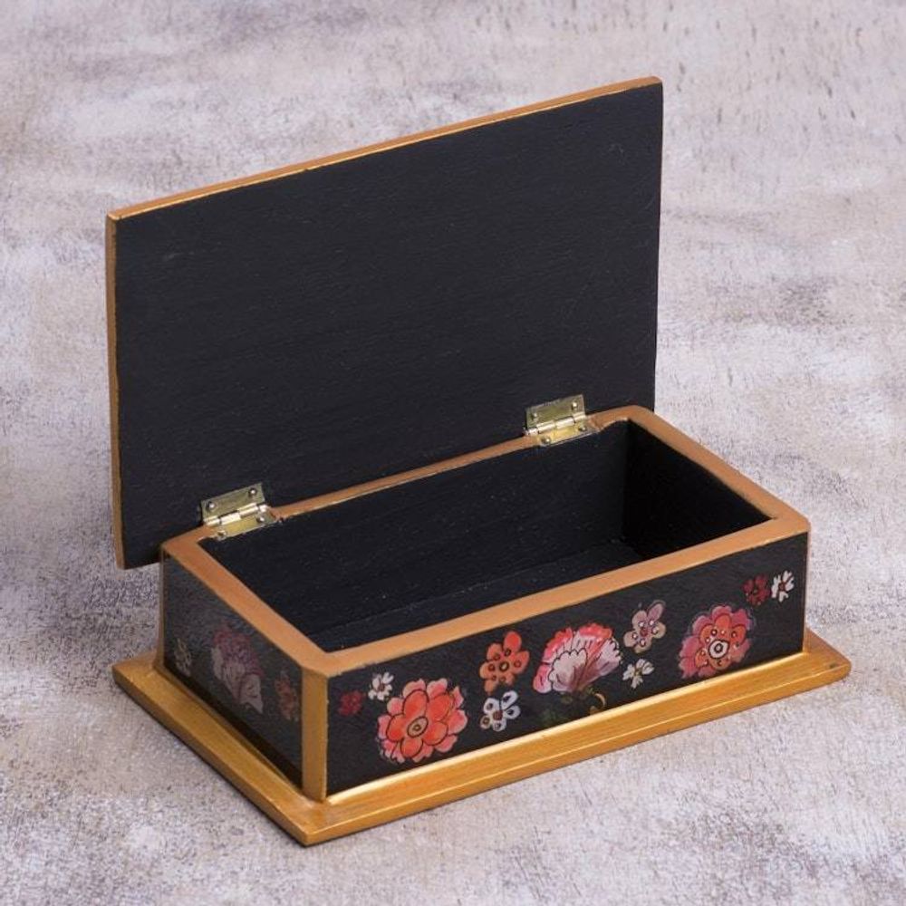 Reverse-Painted Glass Decorative Box in Black from Peru 'Colonial Bouquet'