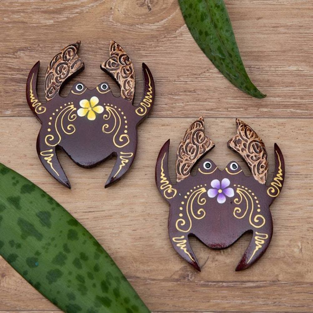 Set of 2 Hand-Painted Floral Crab-Shaped Wood Magnets 'Paradisial Crab'