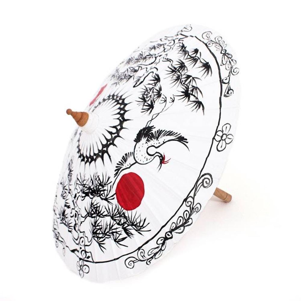 Traditional Crane-Themed Cotton and Bamboo Parasol in White 'Immortal Cranes'