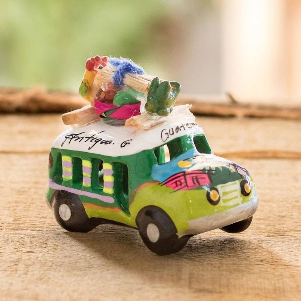 Min Ceramic Bus Figurine in Greens from Guatemala 'Two Tone Green Old Time Bus'