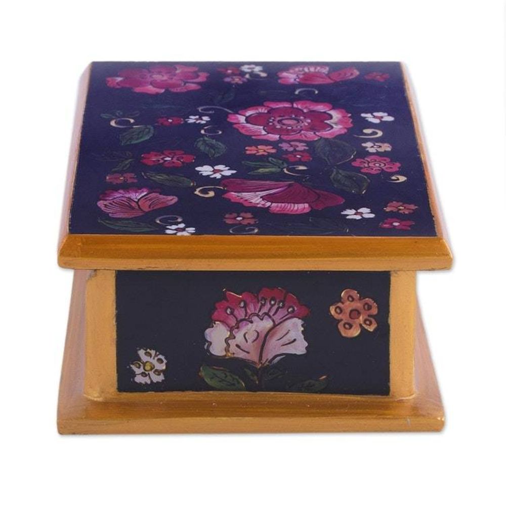 Reverse-Painted Glass Decorative Box in Black from Peru 'Colonial Bouquet'