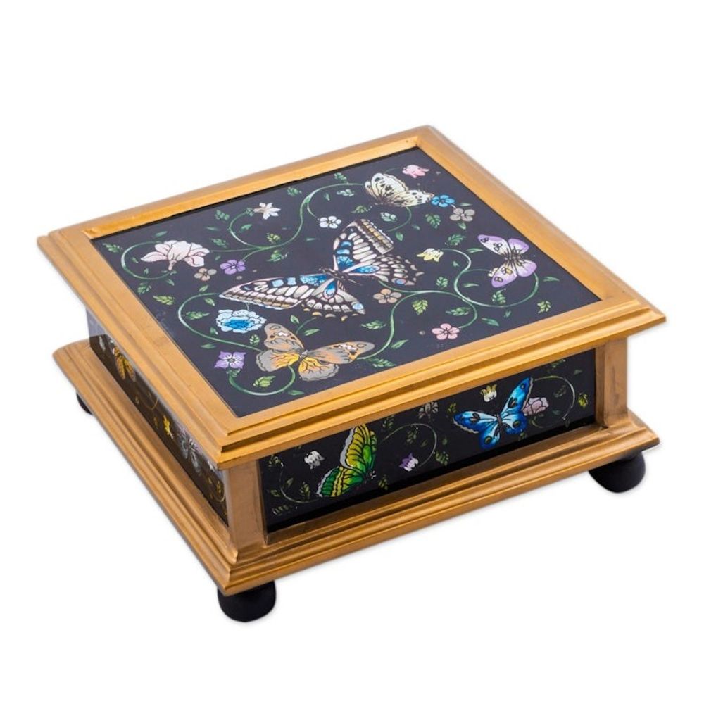 Black Reverse-Painted Glass Decorative Box with Butterflies 'Midnight Garden'