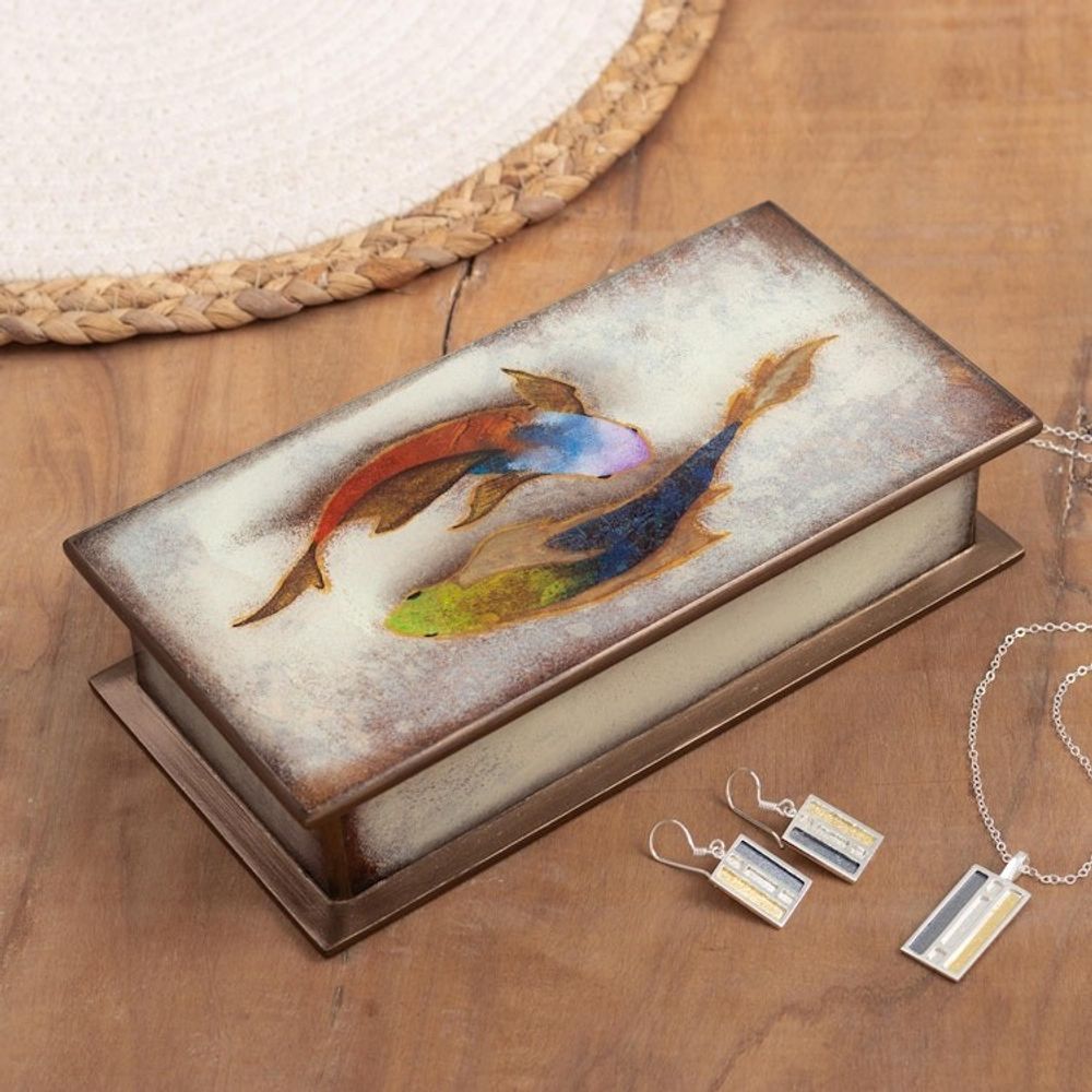Fish Themed Reverse-Painted Glass Box 'Ocean Harmony in White'