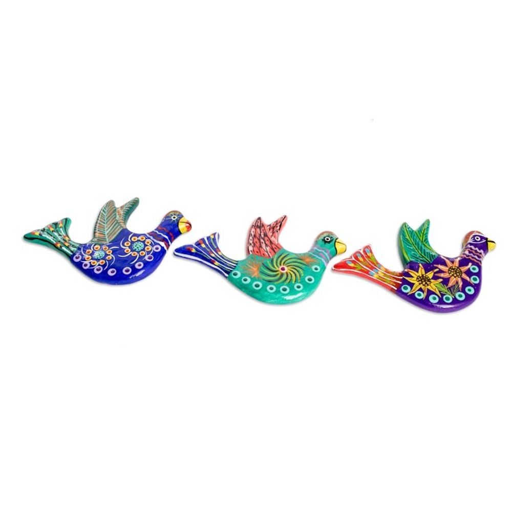 3 Dove Ceramic Magnets with Hand-Painted Floral Accents 'Cheerful Doves'