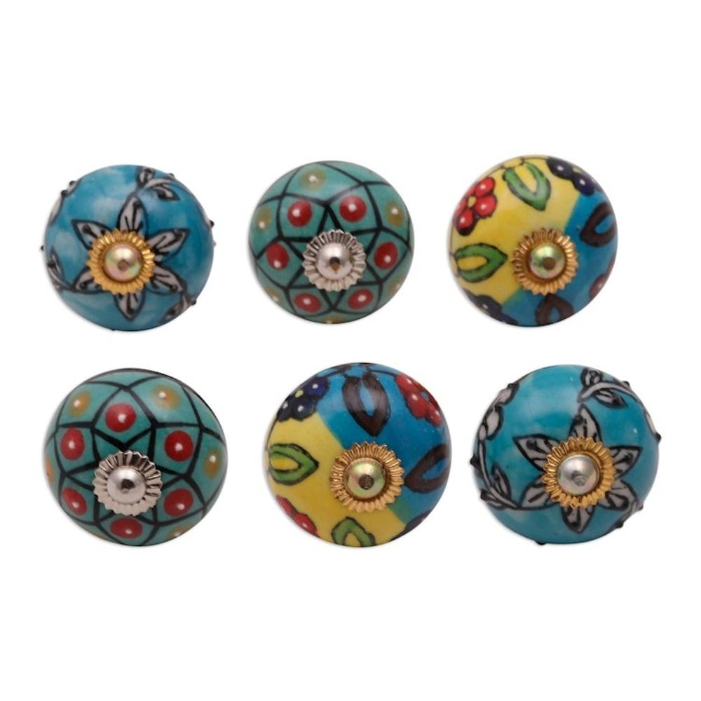 Vibrant Floral Ceramic Knobs from India Set of 6 'Charming Globes'