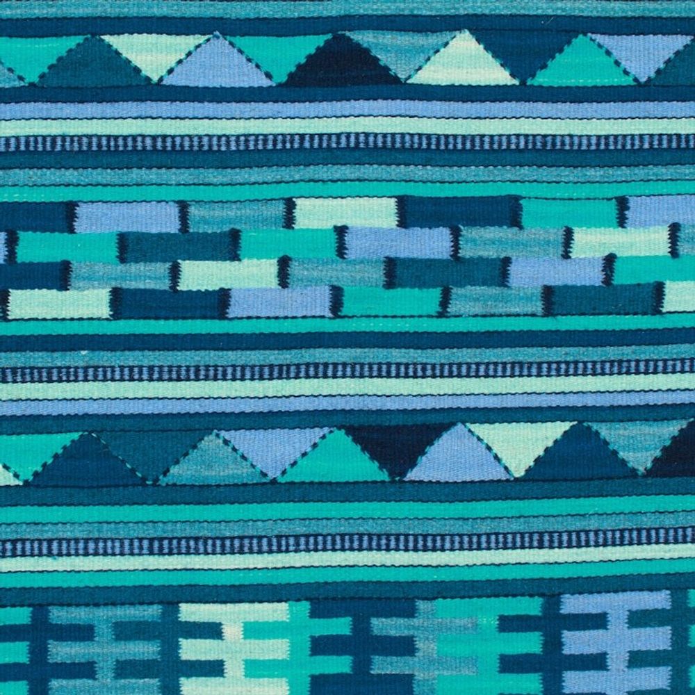Handwoven Wool Runner Rug in Blue Turquoise and Green 3x10 'Blue Geometry'