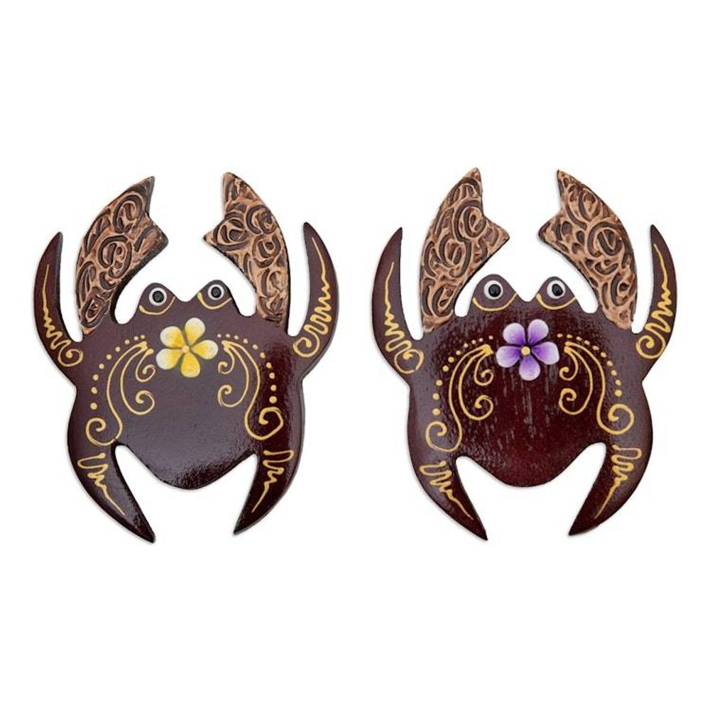 Set of 2 Hand-Painted Floral Crab-Shaped Wood Magnets 'Paradisial Crab'