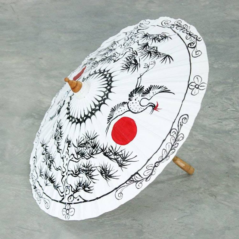 Traditional Crane-Themed Cotton and Bamboo Parasol in White 'Immortal Cranes'