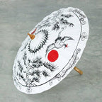 Traditional Crane-Themed Cotton and Bamboo Parasol in White 'Immortal Cranes'