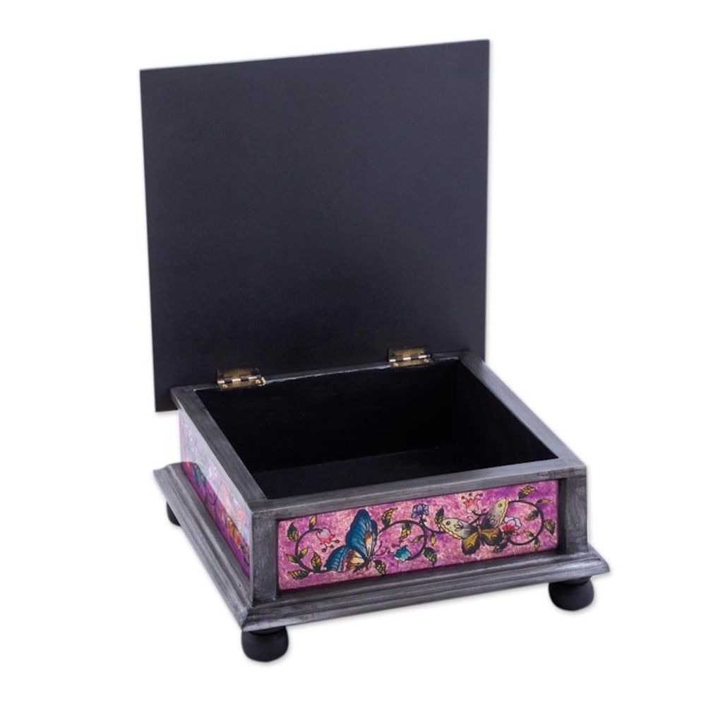 Reverse Painted Glass Decorative Box with Butterflies 'Purple Winter Butterflies'