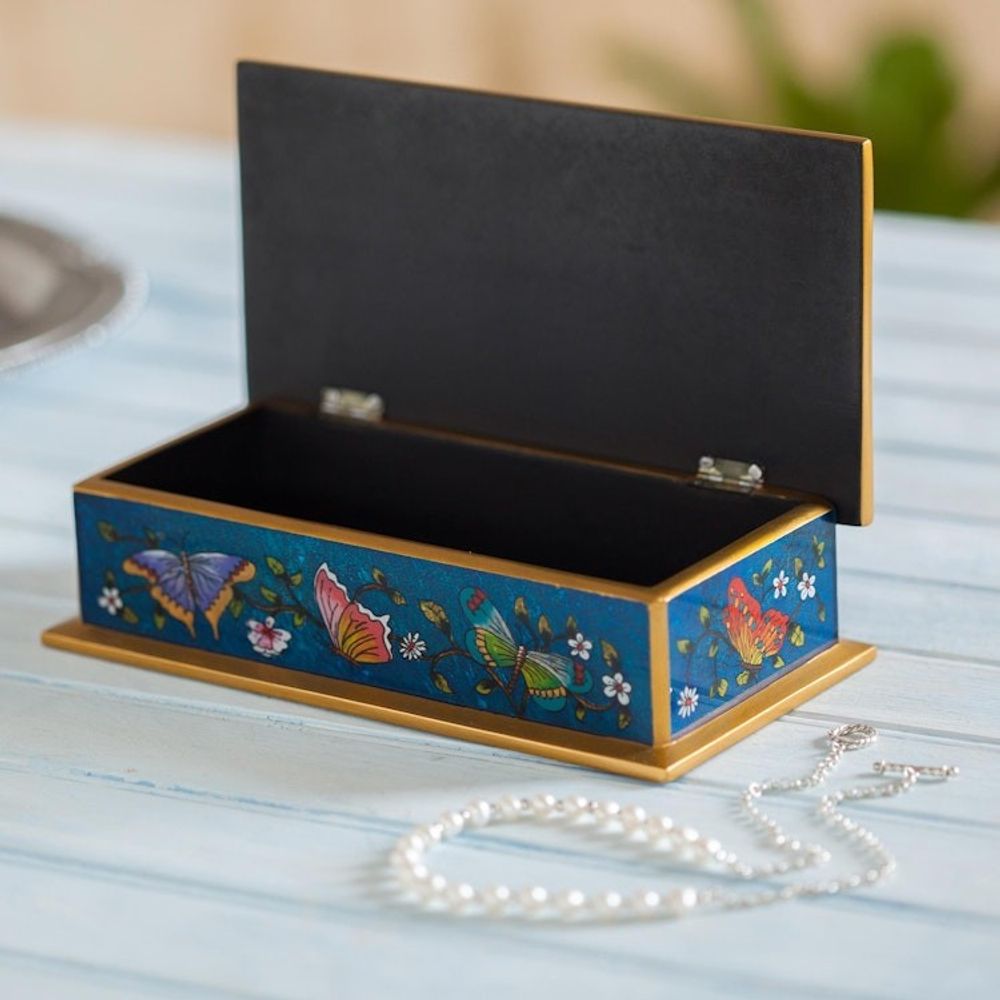 Reverse Painted Glass Butterfly Decorative Box in Cyan 'Butterfly Jubilee in Cyan'