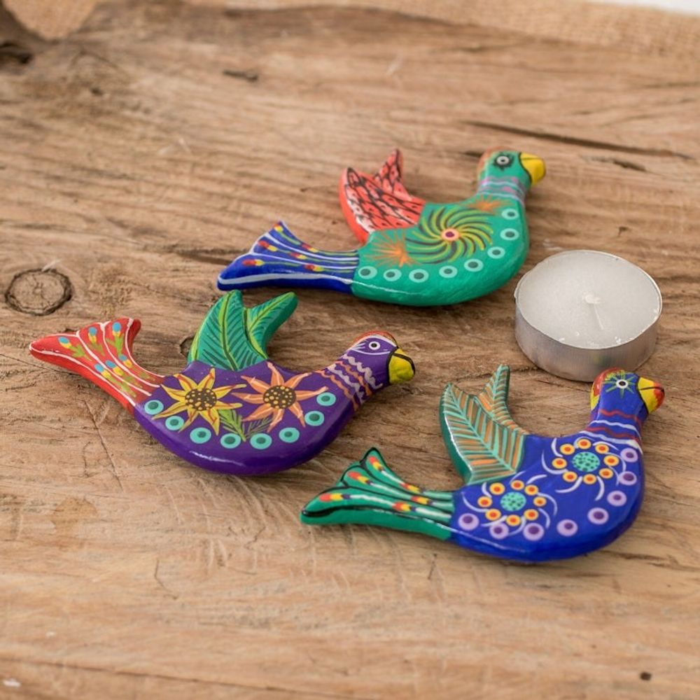 3 Dove Ceramic Magnets with Hand-Painted Floral Accents 'Cheerful Doves'