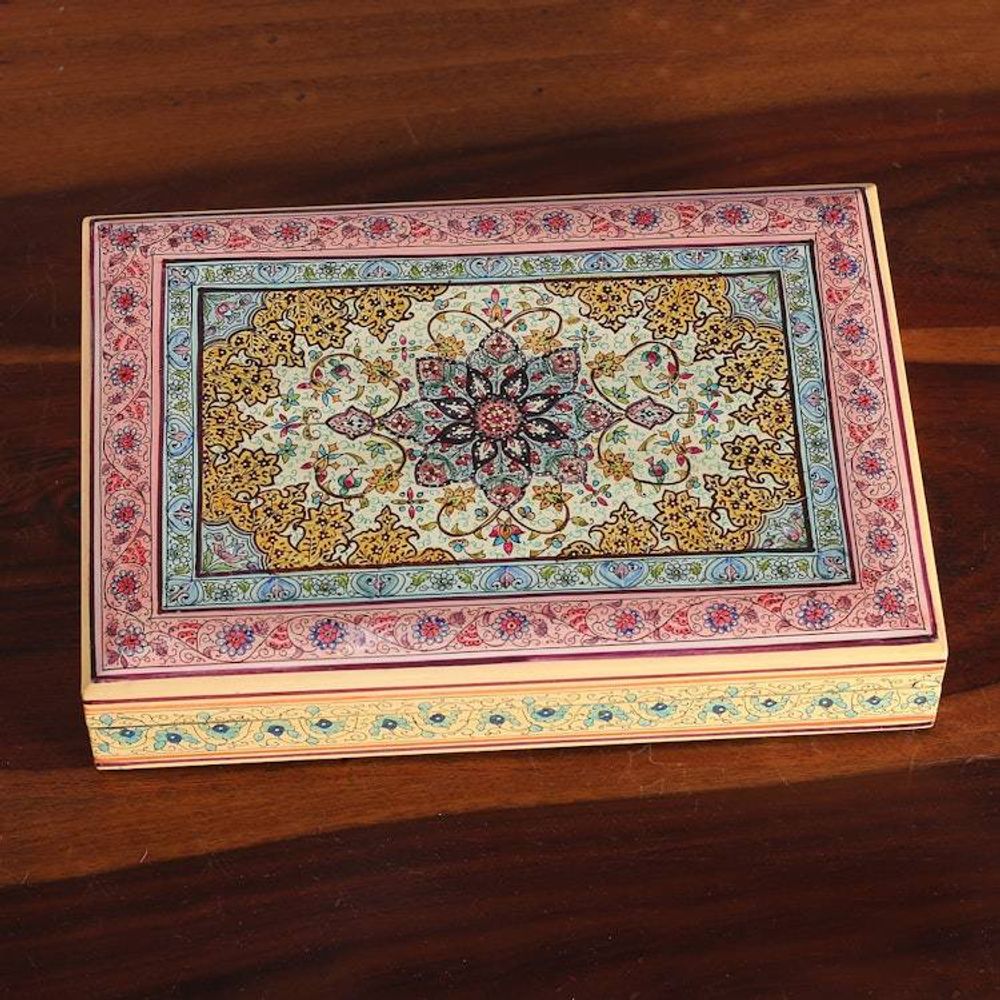 Spring-Themed Polished Hand-Painted Wood Decorative Box 'Arcadian Garden'