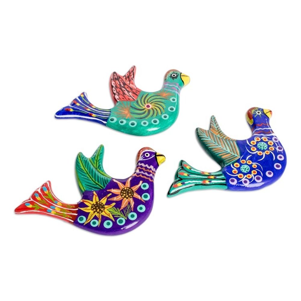 3 Dove Ceramic Magnets with Hand-Painted Floral Accents 'Cheerful Doves'