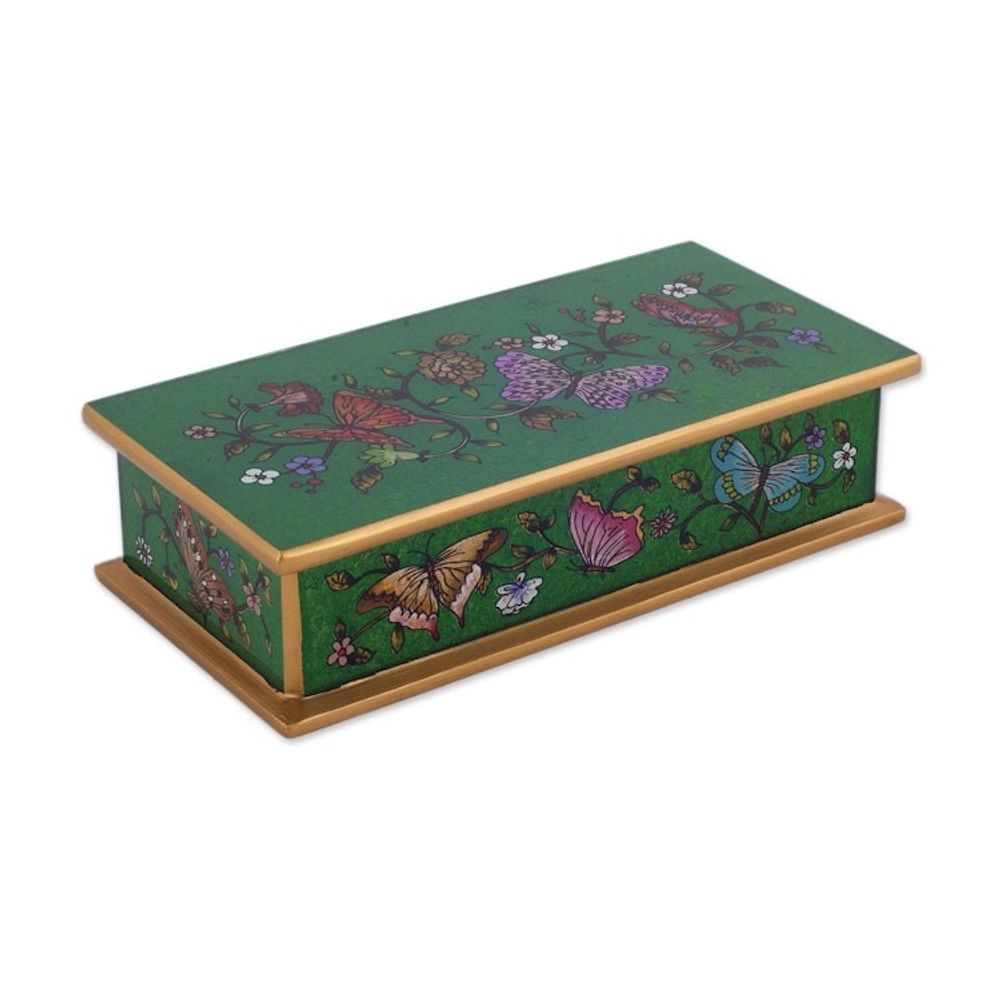 Reverse Painted Glass Butterfly Decorative Box in Emerald 'Butterfly Jubilee in Emerald'