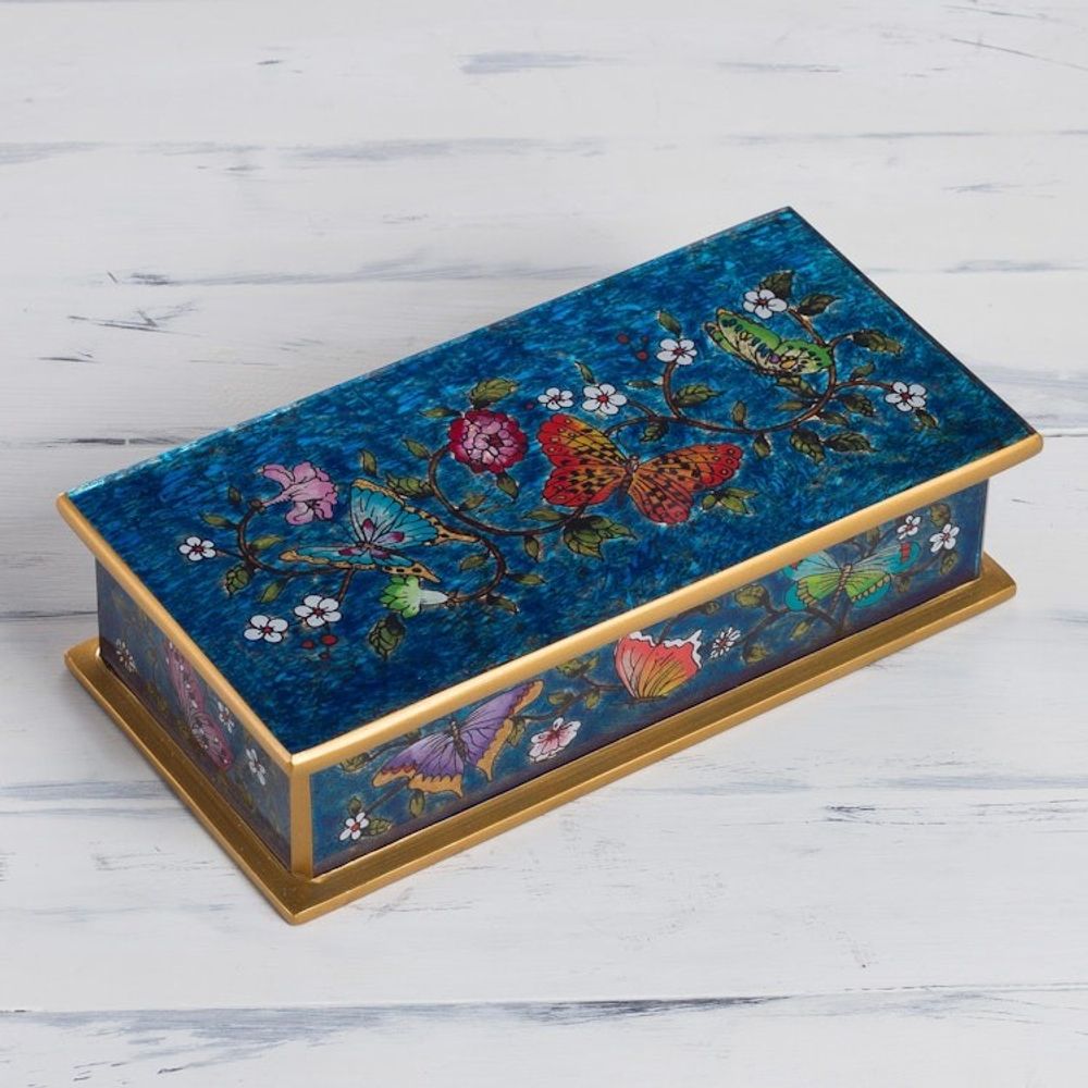 Reverse Painted Glass Butterfly Decorative Box in Cyan 'Butterfly Jubilee in Cyan'