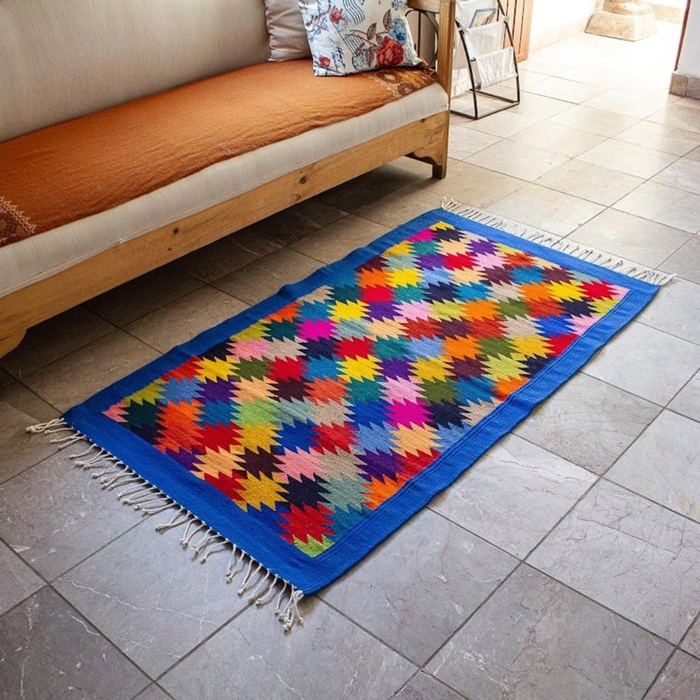 Hand Woven Colorful Wool Area Rug from Oaxaca 'Endless Stars'