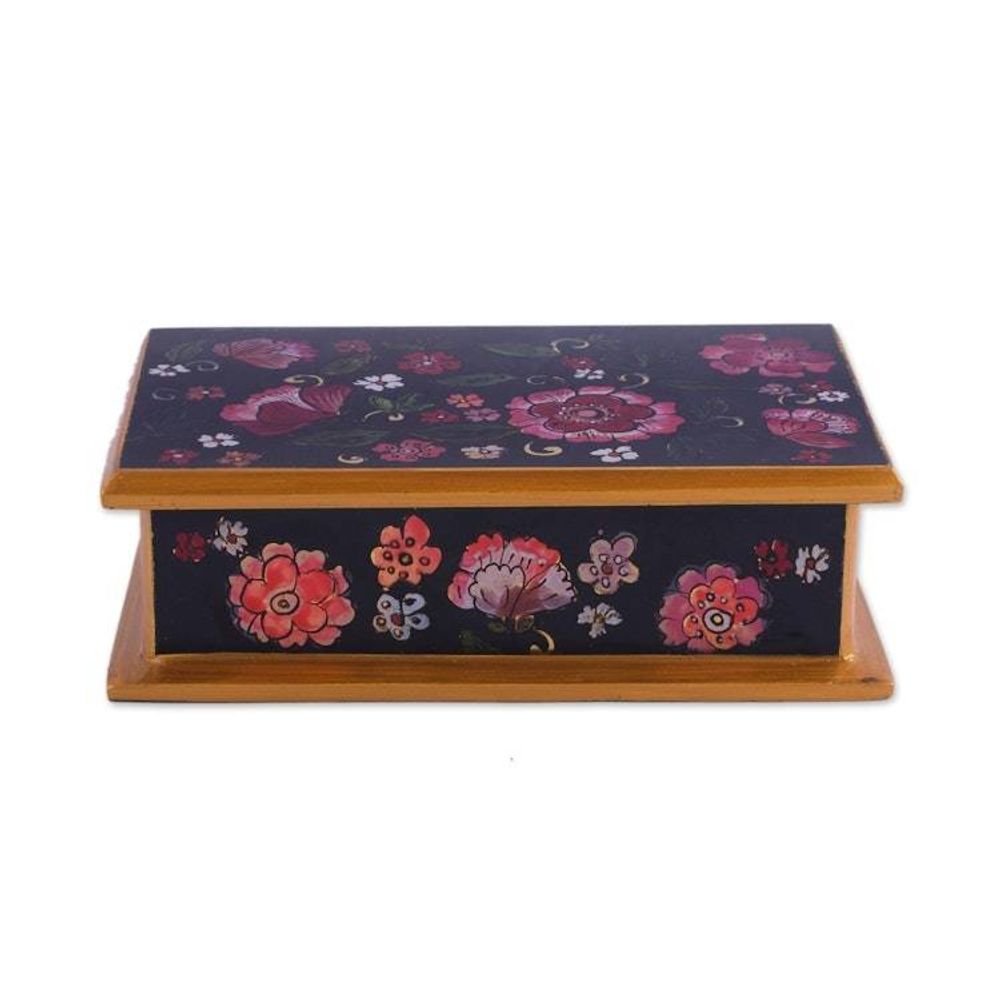 Reverse-Painted Glass Decorative Box in Black from Peru 'Colonial Bouquet'
