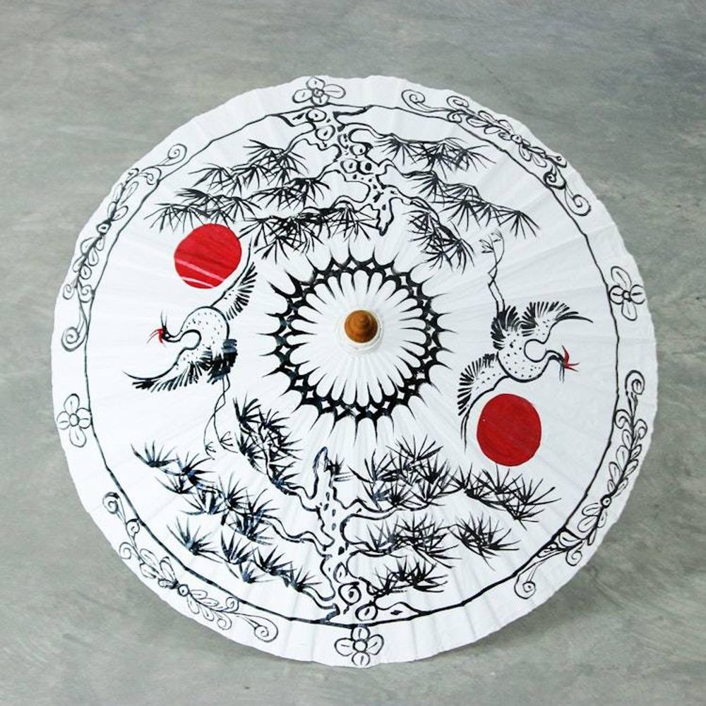 Traditional Crane-Themed Cotton and Bamboo Parasol in White 'Immortal Cranes'