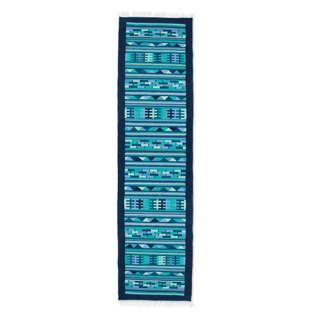 Handwoven Wool Runner Rug in Blue Turquoise and Green 3x10 'Blue Geometry'